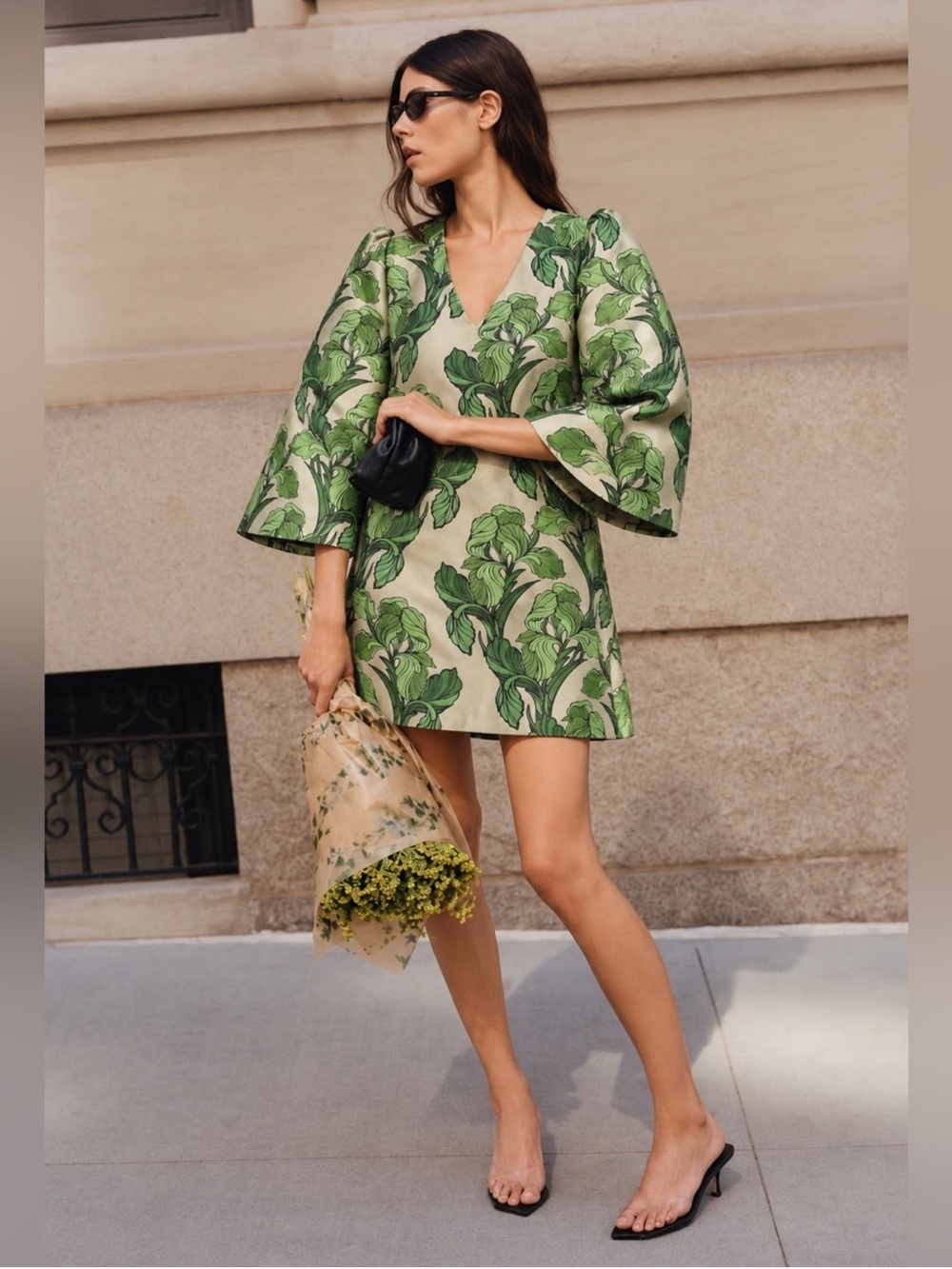 NWT Buru Le V Mod Brocade V-Neckline Bell Sleeve Mini Dress Sz XXL